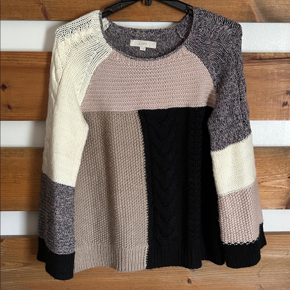 LOFT Women's Multicolor Patchwork Sweater Wide Sleeves Size Large